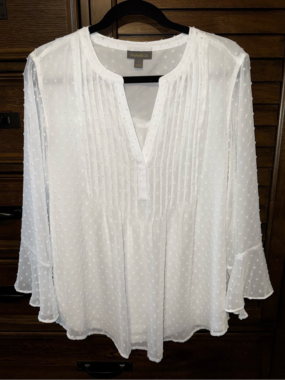 Style & Co. White Pintuck Swiss Dot Peasant Blouse